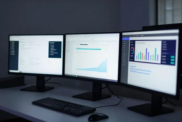 A monitoring workstation with three screens showing email deliverability dashboards in soft indigo light